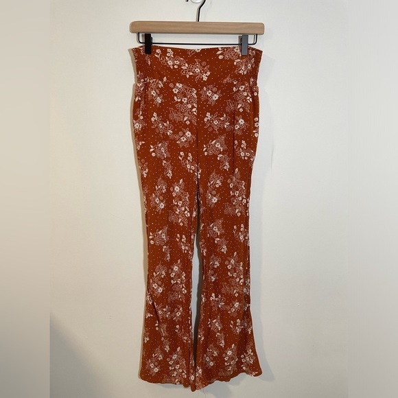 Three Dots Pants - Three Dots Burnt Orange Boho Floral Pull On Wide Leg Pants Stretch 70’s Medium